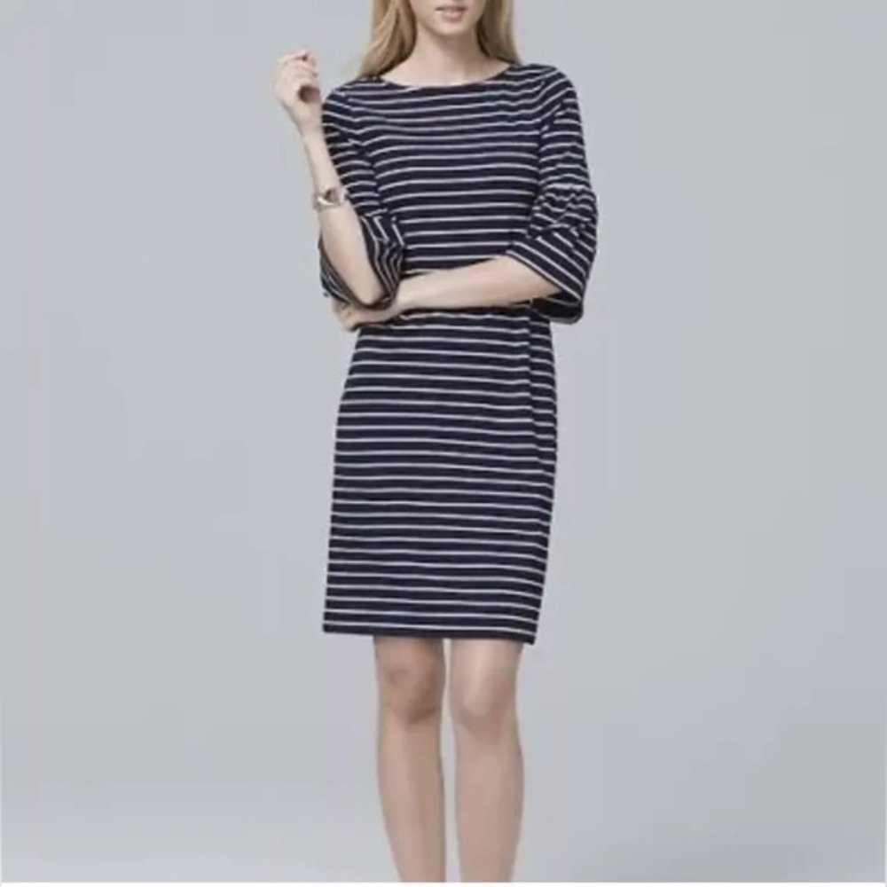 White House Black Market Navy Blue White Striped Bell Sleeve Dress, MSRP $89, S